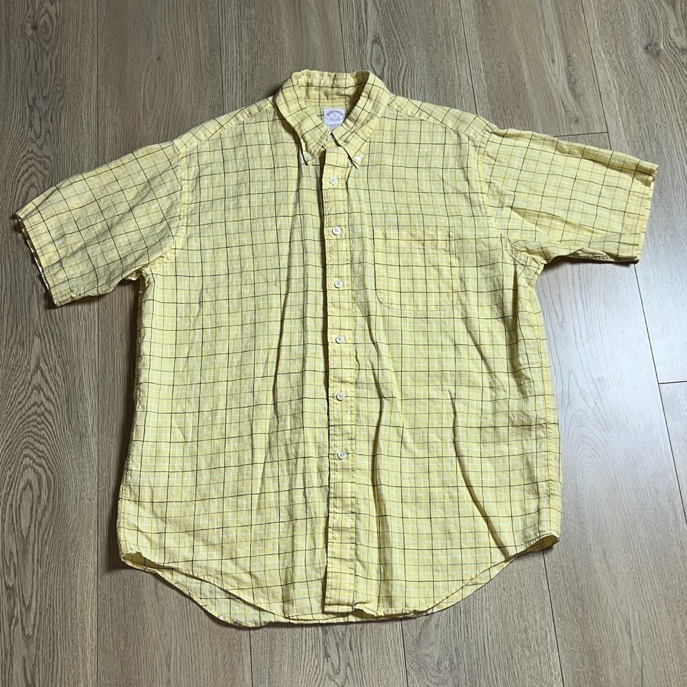 Brooks Brothers Men's Yellow Checker Short Sleeve Irish Linen Shirt Sz Large